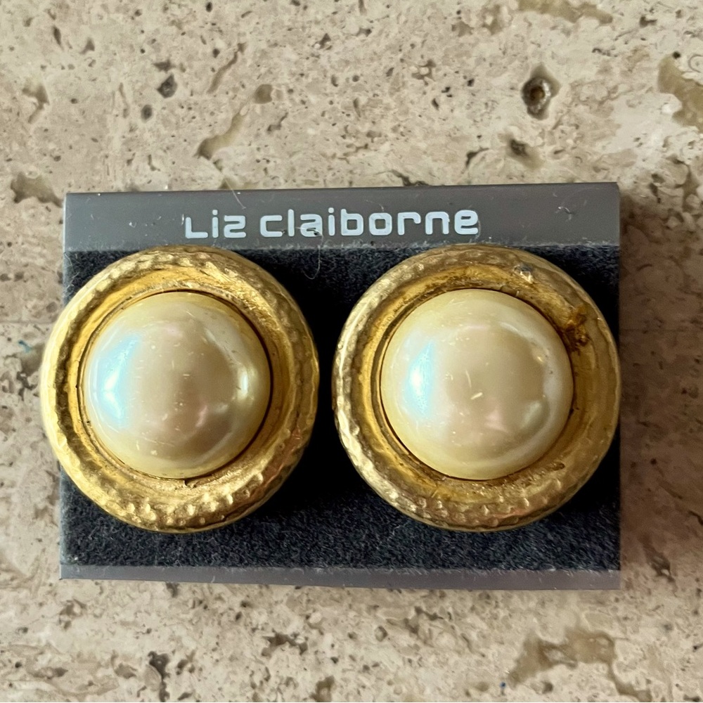 Liz Claiborne Pearl with gold rimmed Clip on earrings